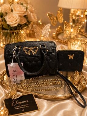 Black Quilted Vegan Leather Satchel and Wallet Set with Butterflies Accent-NW